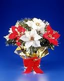 National Tree Company SZIB7-146-16 16 Inch Fiber Optic 1-Function Ice Bavarian Ling Needle Bush with Red & White Poinsettias and Green base with Gold Foil and Red Bow - Multi Wheel