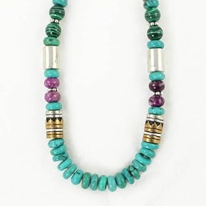 Southwestern Blue Turquoise Gemstone Bead, Sterling Silver and Gold 30" Necklace by Native American Artist Tommy Singer, #7682