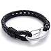 KONOV Black Leather Mens Bracelet Stainless Steel Clasp, Black Silver - 8