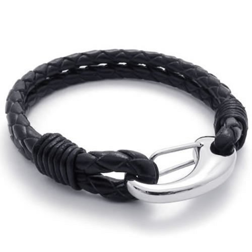 KONOV Black Leather Mens Bracelet Stainless Steel Clasp, Black Silver - 8