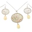 Necklace Earring Set Sculpted Floral Design MOP White Silver Pendant Bucasi