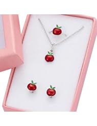 Childrens Jewellery Set: Adjustable ring + Earrings + Necklace Apple - Sterling Silver & Red Enamel