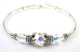 April Diamond Birthstone Beaded Bangle Bracelets with Sterling Silver, Swarovski Crystal Beads