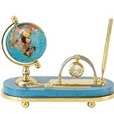4 Aqua Quartz Gemstone Globe Pen Set With Clock and Letter Opener