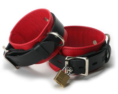 Strict Leather Red and Black Locking Bondage Wrist Cuffs