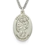 Sterling Silver 1" Oval Polished St. Joseph, Patron of Carpenters, Engineers Medal on 24" Chain