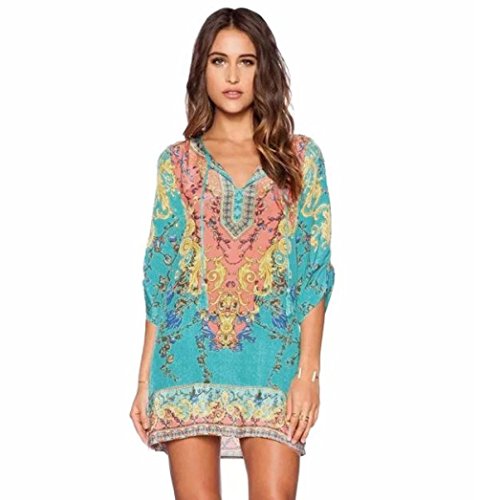 Women Chiffon Dress, Misaky Ladies 3/4 Sleeves Vintage Print Loose Dress