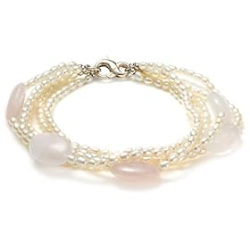 BoBijou Ladies 5 Strands of White Rice Pearls Mixed with Rose & Snow Quartz Ovals and 925 Lobster Clasp