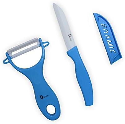 Dworth 2 Piece Multi Color Ceramic Cutlery Kitchen Knives and Peeler Knife Set (Blue)