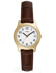 Timex T2n299 Ladies Classics White Dial Brown Leather Strap Watch