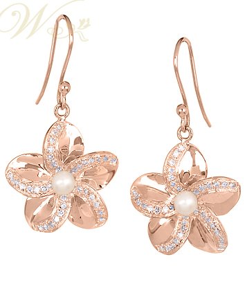 Plumeria Flower 14k Rose Gold and Diamond French Wire Earring