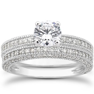 Genuine 1.75CT Diamond Engagement Wedding Ring Set Vintage Heirloom White Gold Discount