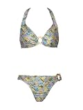INC Green/Lilac Tile Halter Bikini w/Gold Rings XS