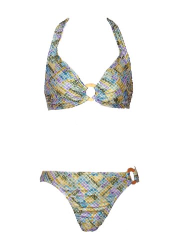 INC Green/Lilac Tile Halter Bikini w/Gold Rings XS