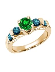 2.38 Ct Round Green Created Emerald Blue Diamond 18K Yellow Gold Ring