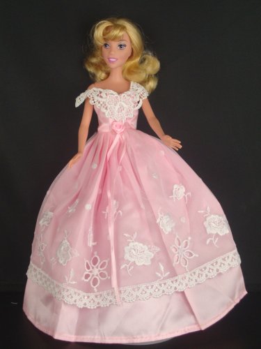 Pink Ball Gown with White Lace That Covers Front and Sides Made to Fit the Barbie Doll