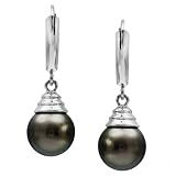 14k White Gold 9-10mm Perfect Round Black South Sea Tahitian Pearl High Luster Lever Back Earring AAA Quality. -Perfect for Mother's Day Gift