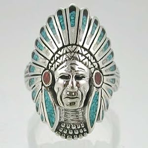 Large Southwestern Style Indian Chief Headdress Ring with Turquoise & Coral Chip Inlay in Sterling Silver for Men, size 9, 10, 11, 12, 13, 14 and 15, #10535