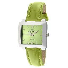 Peugeot Womens 708GR Silver-Tone Green Leather Strap Watch