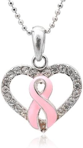 Breast Cancer Awareness Pink Ribbon with Heart Necklace