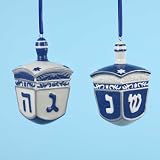 Club Pack of 12 White and Blue Porcelain Jewish Hanukkah Dreidel Ornaments 3.5