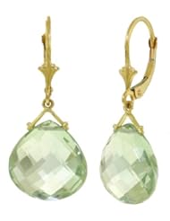 14k Gold Leverback Earrings with Genuine Checkerboard Cut Green Amethyst