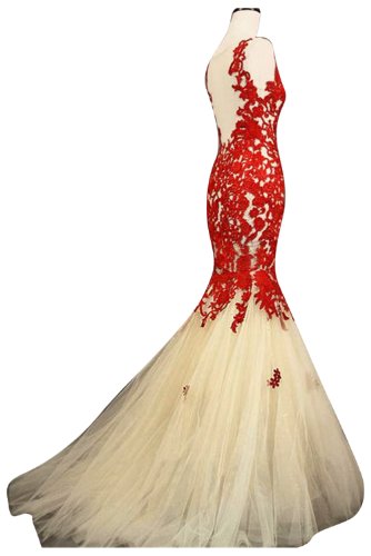 Sunvary Red and Champagne Mermaid Lace Prom Pageant Dresses for Christmas