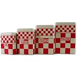Coffee Sugar Flour and Tea blue or red white metal check traditional metal canister set,Red