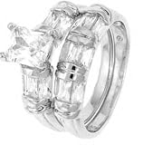 Sterling Silver Wedding Ring Set with Emerald Shape Cubic Zirconia in Four Prongs and Baguette Side stones in Bar Setting