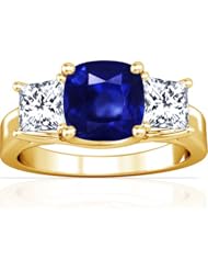 14K Yellow Gold Cushion Cut Blue Sapphire Three Stone Ring (GIA Certificate)