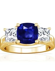 18K Yellow Gold Cushion Cut Blue Sapphire Three Stone Ring (GIA Certificate)