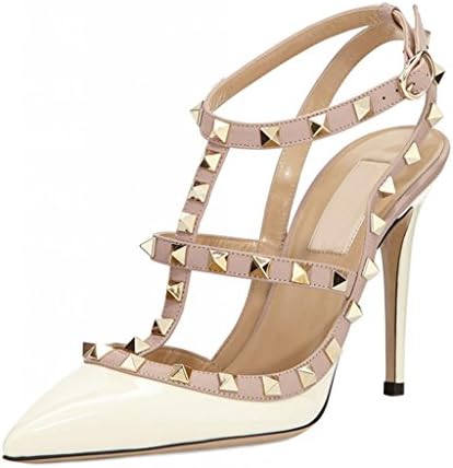 Littleboutique Metallic Strappy Sandal Pointed Toe High Heel Celerity Slingback Sandals Rivet Studded Stiletto Shoes white 6