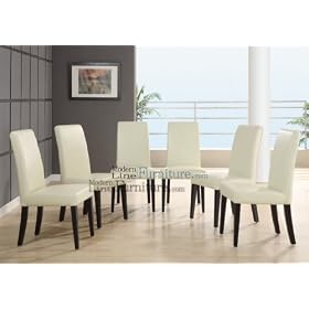 Modern Furniture Set of Six Beige Leather Match and Dark Wenge Wood Dining Chairs by ModernLineFurniture