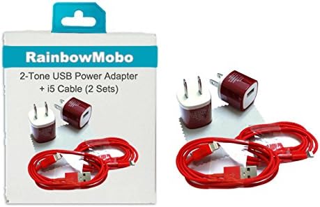 RainbowMOBO (TM) 2 Pack Chargign Set incldues 2 x AC Power Travel Wall Adapter + 2 x 3 Feet 8-pin to USB 2.0 Charging + Data Sync Cable Cord for iPhone 5 / 5S / 5C / iPad 4 & mini & iPod Touch 7th(Rainbow Red)