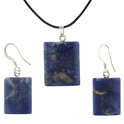 Sodalite Dome Rectangle Shaped Pendant and Earrings Set - 18x22mm Pendant, 14x18mm Earrings - Adjustable Cord Necklace
