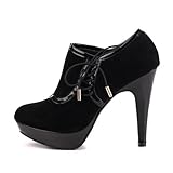Damen Schuhe, STIEFELETTEN, PLATEAU HIGH HEELS STILETTO, 7680-P, Synthetik in hochwertiger Velour Leder Optik und Lack Leder Optik, Schwarz, Gr 36
