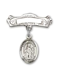 Sterling Silver Baby Badge with St. Walter of Pontnoise Charm and Arched Polished Badge Pin