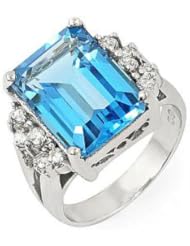 PassionGems 8.7 ct Blue Topaz and Diamond Ring 14k Gold - Size 6