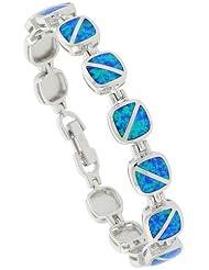 Sterling Silver Synthetic Opal Bracelet Square Links rounded edges, 7 1/4 inch long
