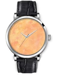 SPRAWL Aanalog Fashion Series Silver Ladies Watches of Genuine Black Leather Strap,Unique Wrist Watch for Women Girls Designed with Pink spots on yellow background