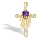 14K Yellow Gold Genuine Heart Amethyst and Diamond Cross Pendant