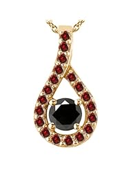 0.35 Ct Round Black Diamond Red Garnet 14K Yellow Gold Pendant with 18" Chain