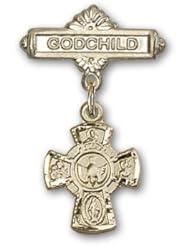 Gold Filled Baby Badge with 5-Way Charm and Godchild Badge Pin
