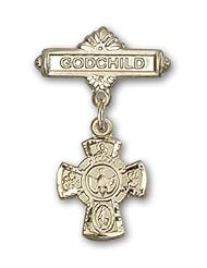 14K Gold Baby Badge with 5-Way Charm and Godchild Badge Pin