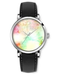 SPRAWL Aanalog Fashion Series Silver Ladies Watches of Genuine Black Leather Strap,Unique Wrist Watch for Women Girls Designed with Flowers Under Blurry background colors
