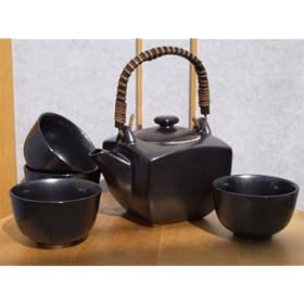 Contemporary Japanese tea set in metallic black with 4 cups