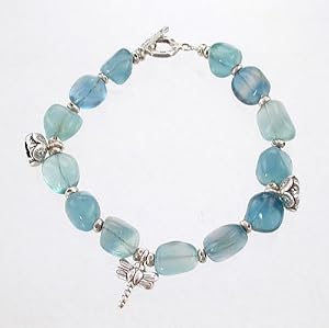 Large Blue Fluorite Beaded Toggle Bracelet with Silver Hills Tribe Flower and Dragonfly Charms, 7 1/2" long, #8612