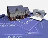 3D Render of a House on Blueprints with Laptop - 18W x 14H - Peel and Stick Wall Decal by Wallmonkeys