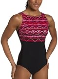 Reebok Women's Aztec U Back High Neck Tank Swimsuit,Black/Pink,12 (Apparel)