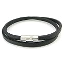 Black 2-Round flat leather bracelet with stainless steel magnetic clasp